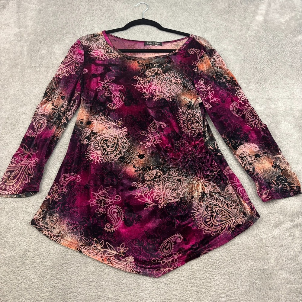 VTG‎ Only Nine Womens Ruched Velvet Burnout Blouse PL Multicolor Y2K Whimsigoth